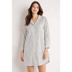 Haven Well Within Sleep Shirt Dress Women M Gray White Striped Cotton Loungewear